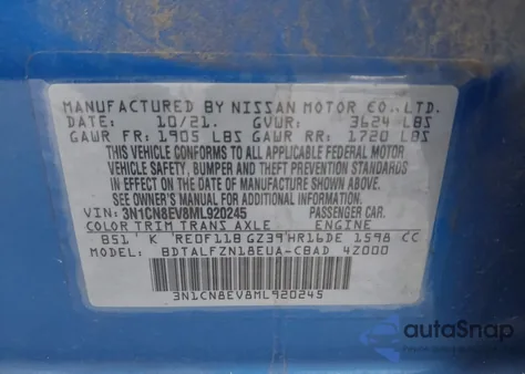 2021 Nissan Versa Sv Xtronic Cvt из США, поврежденный, VIN 3N1CN8EV8ML920245